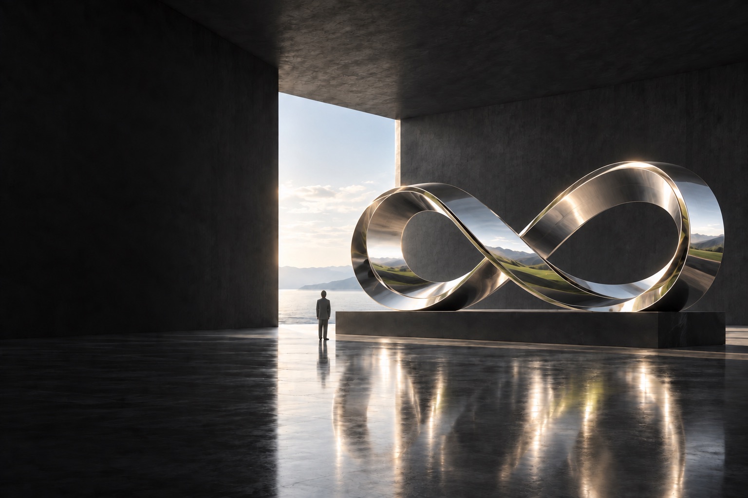A person standing before a large polished infinity sculpture in a quiet stone hall open to the sea